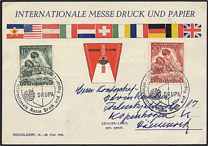 30 pfennig  på postkort fra Düsseldorf d. 23.5.1954 til København.