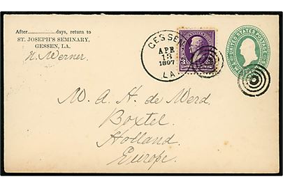 2 cents helsagskuvert opfrankeret med 3 cents Jackson fra Gessen, La. d. 13.4.1897 via New York til Bokstel, Holland.