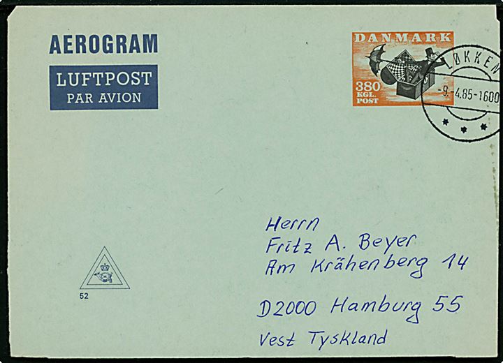 3,80 kr. helsags aerogram fra Løkken d. 9.4.1985 til Hamburg, Tyskland.