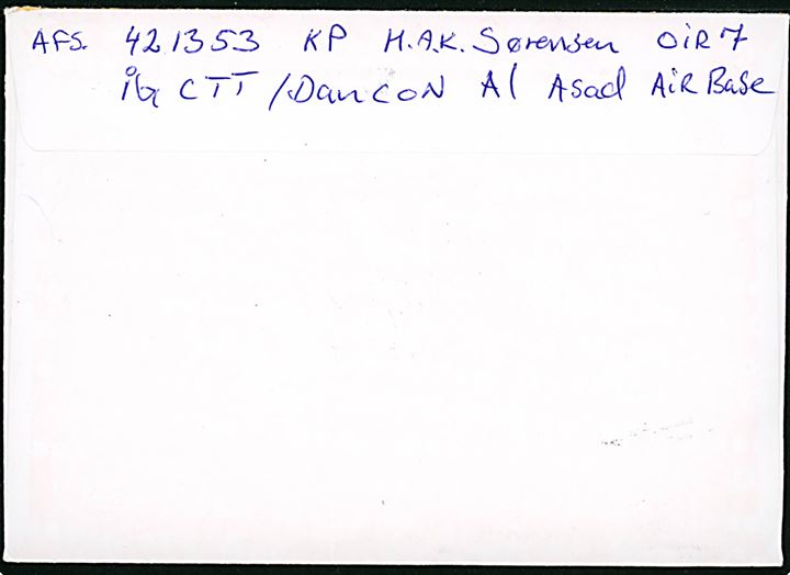 7,40 øre Postnord frankostempel DANISH FIELDPOST (DK2013421) d. 20.2.2018 fra dansker ved OIR 7 (= Operation Inherent Resolve) IGCTT / DANCON, Al Asad Air Base i Iraq til Spentrup, Danmark.