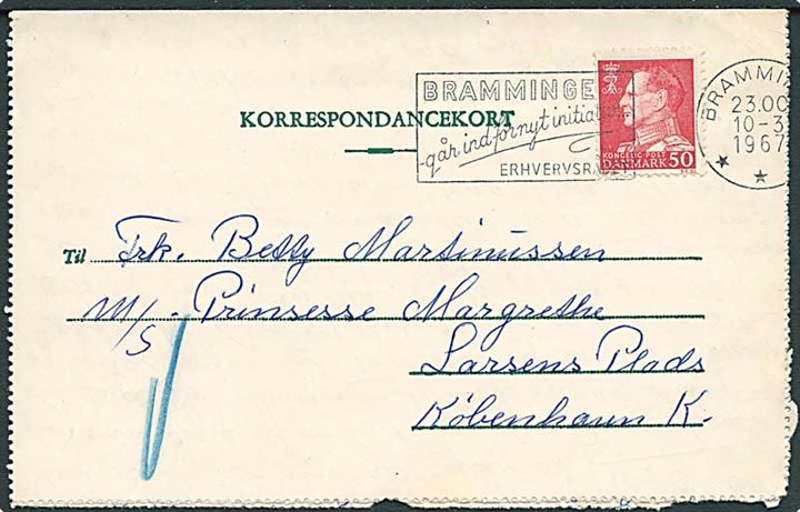 50 øre Fr. IX på korrespondancekort fra Bramming d. 10.3.1967 til M/S Prinsesse Margrethe via rederi i København.