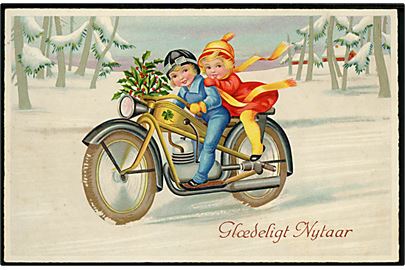 Tegnet Nytårskort med ungt par på motorcykel. Amag no. 2996.