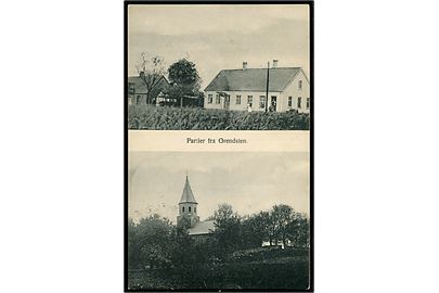 Grendsten ved Langaa. Kirken og den lokale handel. Fr. Fuglsang Postkortforlag u/no. 