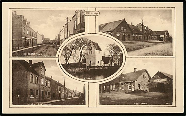 Otterup, partier med kirke, station, Ny Stationsvej, realskole og kro. H. Schmidt u/no.