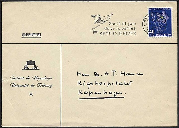 40+10 rappen blå på brev fra Fribourg d. 4.1.1950 til København. Stempel med skiløb.