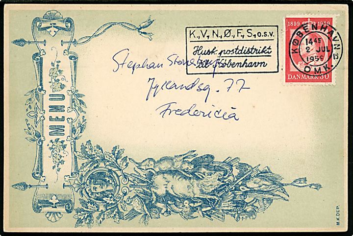 Menu-kort benyttet som postkort med lang maskinskrevet tekst fra forfatter og kritiker Elsa Gress Wright stemplet København d. 2.7.1959 til Fredericia. 