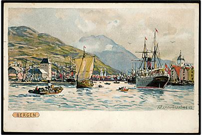 Themistokles von Eckenbrecher: Bergen havn med skibe. W. Jöntzen u/no.