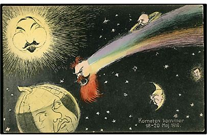 Kometen kommer 18-20 maj 1910. Kometen Borgbjerg flyver mod jorden (I. C. Christensen) med reference til både Halleys komet som passerede jorden i 1910 og folketingsvalget d. 20.5.1910. Stenders no. 21489.