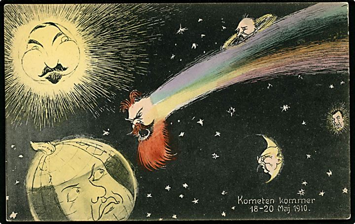 Kometen kommer 18-20 maj 1910. Kometen Borgbjerg flyver mod jorden (I. C. Christensen) med reference til både Halleys komet som passerede jorden i 1910 og folketingsvalget d. 20.5.1910. Stenders no. 21489.