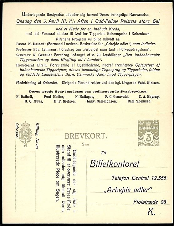 3 øre dobbelt helsagsbrevkort med tiltryk fra Landsforeningen Arbejde Adler sendt lokalt i Kjøbenhavn d. 23.3.1918. Vedhængende ubenyttet svardel.