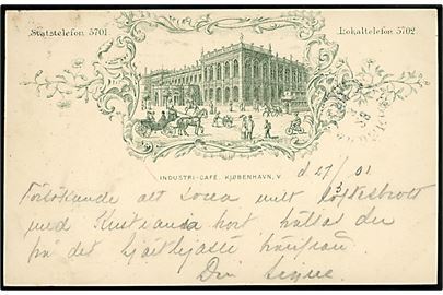 Købh., Industricaféen. Tiltryk på 5 øre Våben helsagsbrevkort anvendt fra Kjøbenhavn d. 27.3.1901 til Landskrona, Sverige.