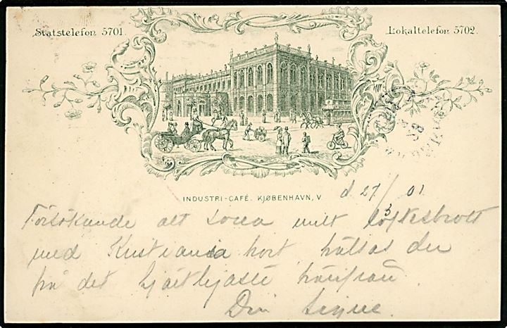 Købh., Industricaféen. Tiltryk på 5 øre Våben helsagsbrevkort anvendt fra Kjøbenhavn d. 27.3.1901 til Landskrona, Sverige.