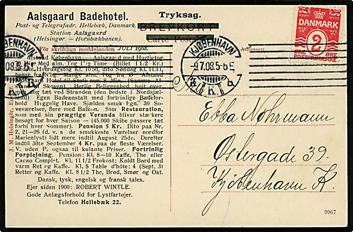 Aalsgaarde, Badehotel med Kronborg i baggrunden. J.M. u/no. 2 øre frankeret fortrykt tryksagskort fra Aalsgaarde Badehotel sendt lokalt i Kjøbenhavn d. 9.7.1908.