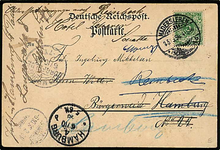 Knivsberg, Gruss aus med mindesmærke og Gruss aus Hadersleben mærkat. W.L.Schütze u/no. Frankeret 5 pfg. Ciffer fra Hadersleben d. 5.10.1898 til Hamburg - eftersendt.