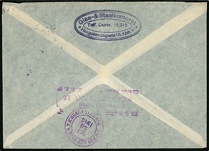 1 kr. Chr. X i parstykke på luftpostbrev fra København 21 d. 16.10.1945 til USA. Retur med flere stempler på grund af mangelfuld adresse.