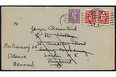 20 øre Chr. X i parstykke på brev fra Frederiksværk d. 5.4.1947 til London, England. Opfrankeret med britisk 3d George VI og eftersendt fra Ealing d. 10.4.1947 til Odense, Danmark.