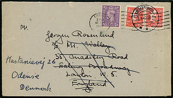 20 øre Chr. X i parstykke på brev fra Frederiksværk d. 5.4.1947 til London, England. Opfrankeret med britisk 3d George VI og eftersendt fra Ealing d. 10.4.1947 til Odense, Danmark.