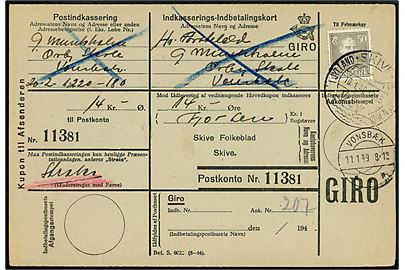 50 øre Chr. X single på retur Indkasserings-Indbetalingskort fra Skive d. 10.1.1949 til Vonsbæk.