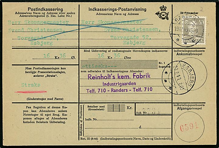 50 øre Chr. X single på retur Indkasserings-Postanvisning fra Randers d. 19.12.1949 til Esbjerg.