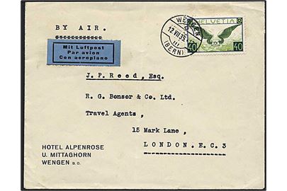 40 rappen på luftpostbrev fra Wengen d. 12.7.1935 til London.