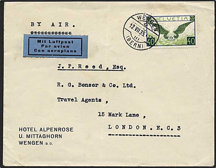 40 rappen på luftpostbrev fra Wengen d. 12.7.1935 til London.