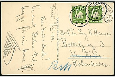5 øre H. C. Andersen i parstykke på brevkort (Fur, Molerbakker) annulleret med brotype IIIc Fur d. 10.7.1936 til Vanløse - eftersendt til Brønshøj.