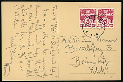 5 øre Bølgelinie i parstykke på brevkort (Fur, den store hule) annulleret med brotype IIIc Fur d. 27.7.1939 til Brønshøj.