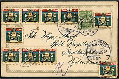 3 øre helsagsbrevkort benyttet som brevkort påsat 5 øre Våben og Julemærke 1905 (10) fra Odense d. 26.12.1905 til Kjøbenhavn. 