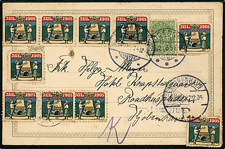 3 øre helsagsbrevkort benyttet som brevkort påsat 5 øre Våben og Julemærke 1905 (10) fra Odense d. 26.12.1905 til Kjøbenhavn. 
