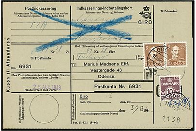 10 øre Bølgelinie og 25 øre Chr. X i parstykke på retur Indkasserings-Indbetalingskort fra Odense d. 17.8.1946 til Ringkøbing, 