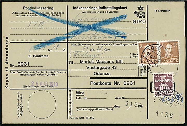 10 øre Bølgelinie og 25 øre Chr. X i parstykke på retur Indkasserings-Indbetalingskort fra Odense d. 17.8.1946 til Ringkøbing, 