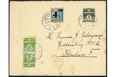 1 øre Bølgelinie, 5 øre Bølgelinie Tête-Bêche sammentryk og 4/25 øre Provisorium på brev fra Godthaab St. d. 18.3.1936 til København.