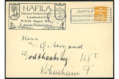 10 øre Bølgelinie på brevkort annulleret med TMS Nakskov /  NAFIA Frimærkeudstilling i Nakskov 24.-26.AUG. d. 12.8.1935 til København.