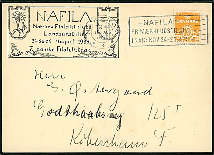 10 øre Bølgelinie på brevkort annulleret med TMS Nakskov /  NAFIA Frimærkeudstilling i Nakskov 24.-26.AUG. d. 12.8.1935 til København.