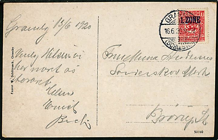 10 øre 1. Zone udg. på brevkort (Udsmykning i Gramby) annulleret Grammby (Schleswig) d. 16.6.1920 til Brørup St., Danmark.