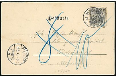 2 pfg. Germania på underfrankeret brevkort (Knivsbjerg mindesmærket) stemplet Gjenner d. 12.5.1902 til Apenrade. udtakseret i 8 pfg. porto - rettet til 10  pfg. porto.