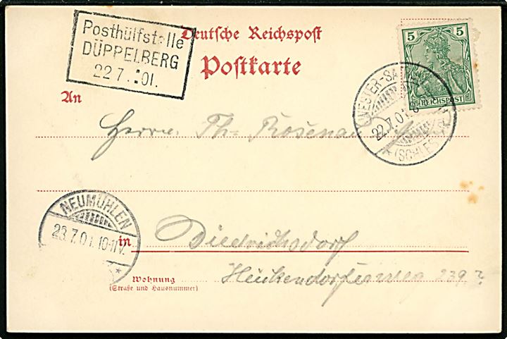 5 pfg. Germania Reichpost på brevkort (Gruss aus Sonderburg) annulleret Wester-Satrup *(Schleswig)* d. 22.7.1901 og sidestemplet med rammestempel: Posthülfstelle DÜPPELBERG d. 22.7.1901 til Diedrichsdorf.