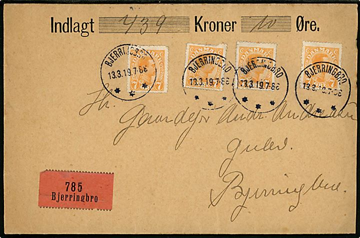 7 øre Chr. X (4) på lokalt værdibrev annulleret med brotype IIIb Bjerringbro d. 13.3.1919. Et mærke defekt.
