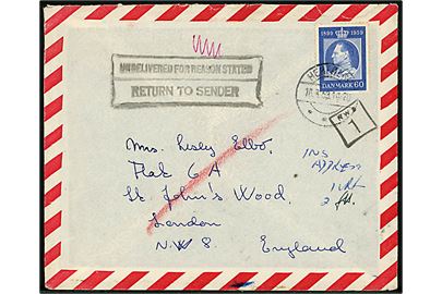 60 øre Fr. IX 60 år på luftpostbrev fra Herfølge d. 16.3.1959 til London, England. Retur som ubekendt.