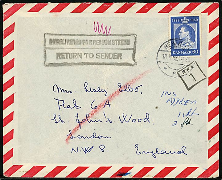 60 øre Fr. IX 60 år på luftpostbrev fra Herfølge d. 16.3.1959 til London, England. Retur som ubekendt.