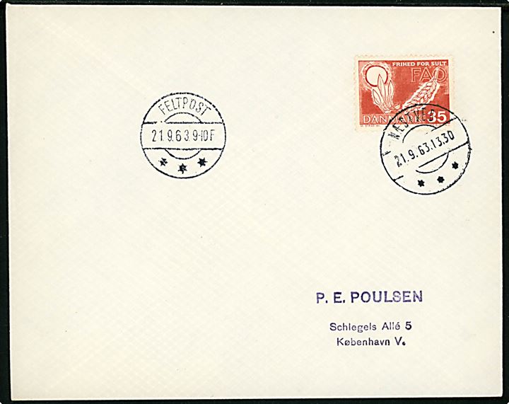 35 øre FAO på filatelistisk brev annulleret Næstved d. 21.9.1963 og sidestemplet brotype IIb Feltpost d. 21.9.1963 til København.