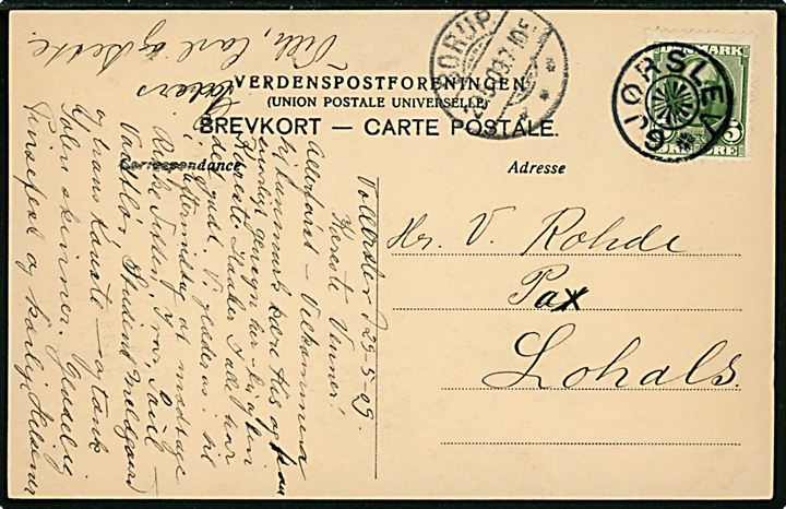 5 øre Fr. VIII på brevkort (Hilsen fra Vollerslev) annulleret med stjernestempel GJØRSLEV og sidestemplet Borup d. 29.5.1909 til Lohals.