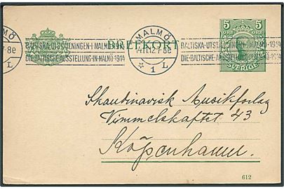 5 öre Gustaf helsagsbrevkort annulleret med TMS Baltiska Utställningen Malmö 1914/Malmö d. 14.11.1912 til København, Danmark.