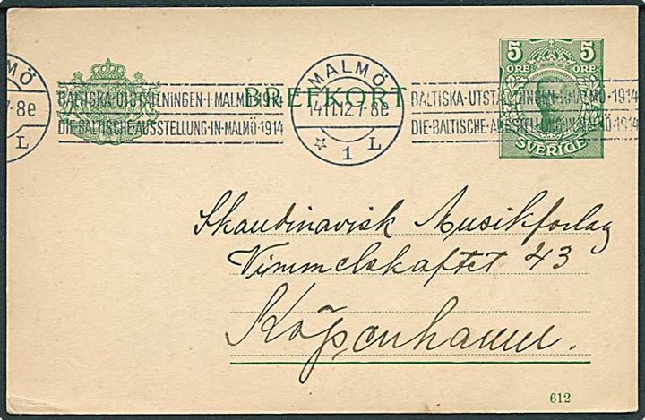 5 öre Gustaf helsagsbrevkort annulleret med TMS Baltiska Utställningen Malmö 1914/Malmö d. 14.11.1912 til København, Danmark.
