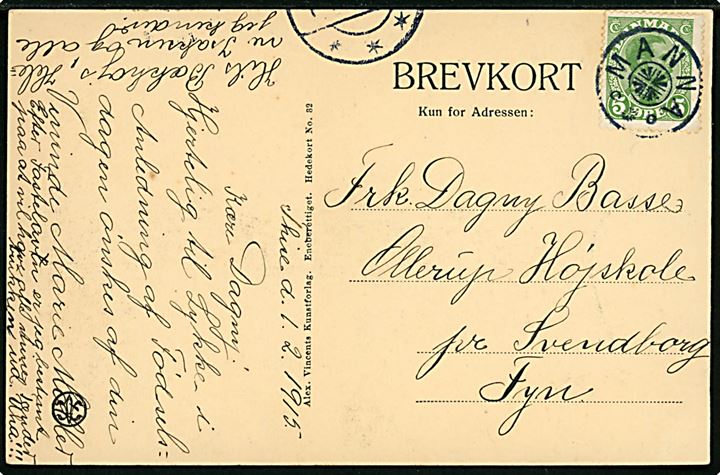 5 øre Chr. X på brevkort dateret i Thise d. 1.2.1915 annulleret med stjernestempel MANNA og sidestemplet med yderligt placeret stempel i Brønderslev til Ollerup Højskole pr. Svendborg.