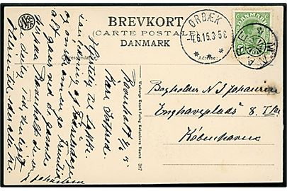 5 øre Chr. X på brevkort (Indgang til Ravnholt) annulleret med stjernestempel MAARE og sidestemplet Ørbæk d. 4.6.1915 til København.