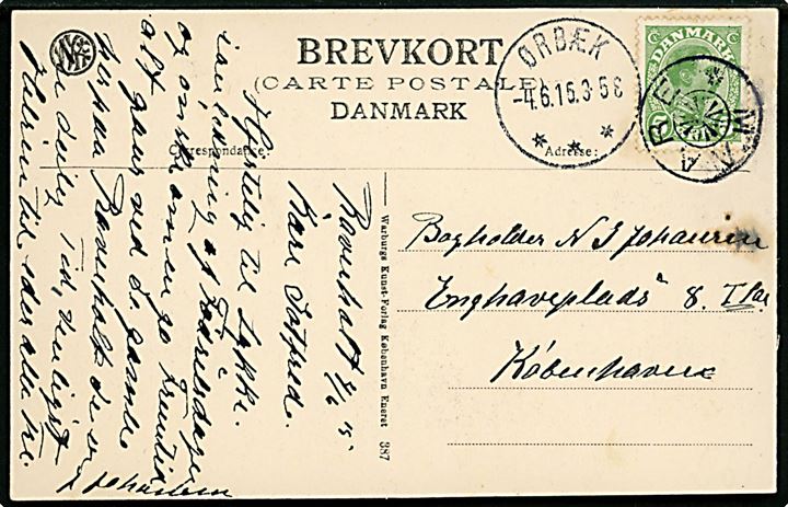 5 øre Chr. X på brevkort (Indgang til Ravnholt) annulleret med stjernestempel MAARE og sidestemplet Ørbæk d. 4.6.1915 til København.