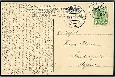 5 øre Chr. X på brevkort annulleret med stjernestempel LYDUM og sidestemplet Nørre-Nebel d. 10.7.1914 til Skjern.
