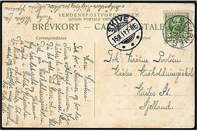 5 øre Fr. VIII på brevkort annulleret med stjernestempel KREJBJERG og sidestemplet Skive d. 15.9.1911 til Haslev.