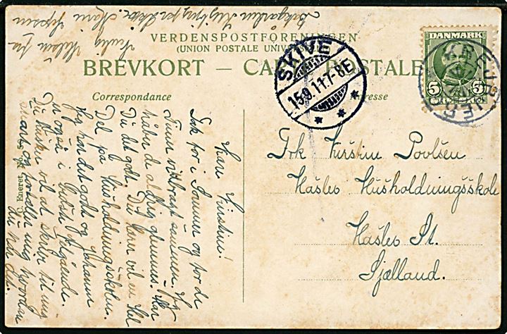 5 øre Fr. VIII på brevkort annulleret med stjernestempel KREJBJERG og sidestemplet Skive d. 15.9.1911 til Haslev.